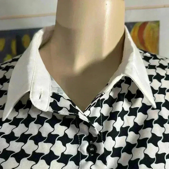 Houndstooth Printed Collared Neck Women’s Long Sleeve Shirt - Picture 6 of 9